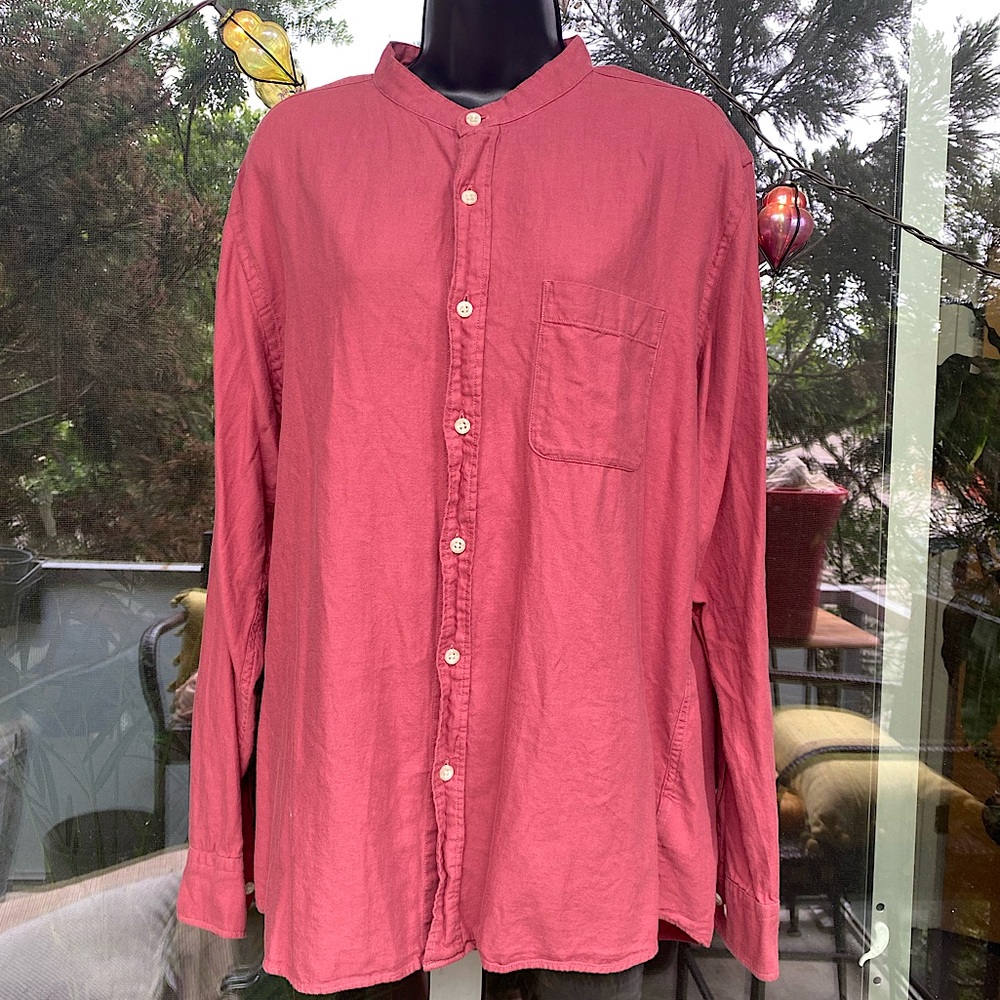 Large collarless faded red button up